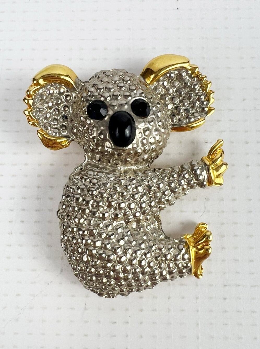 VINTAGE KOALA BEAR GOLD SILVER TONE BROOCH PIN 2.1" ANIMAL ENAMEL